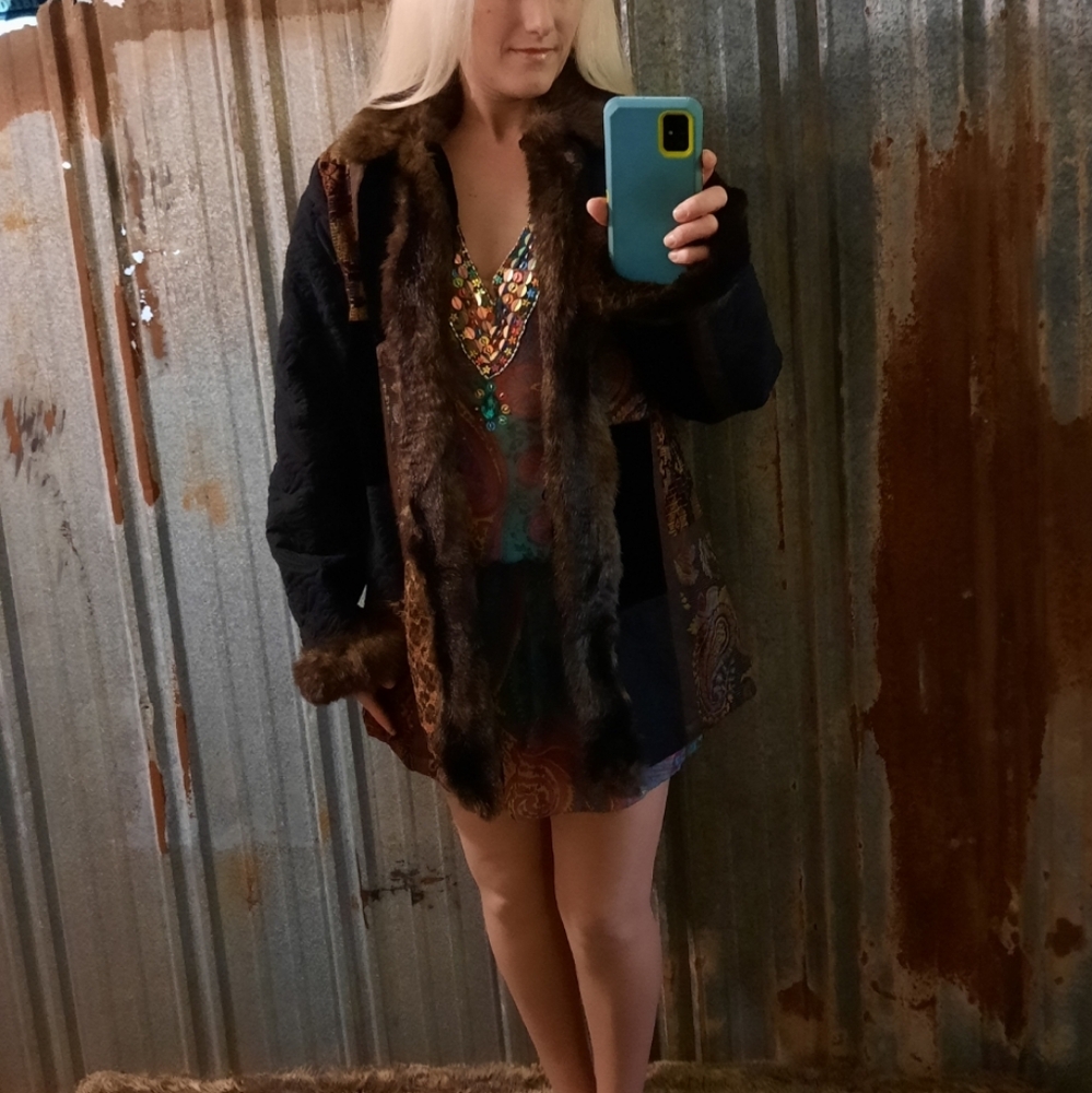 VINTAGE Faux Fur Unique Colorful Quilted Winter Coat - Picture 2 of 13
